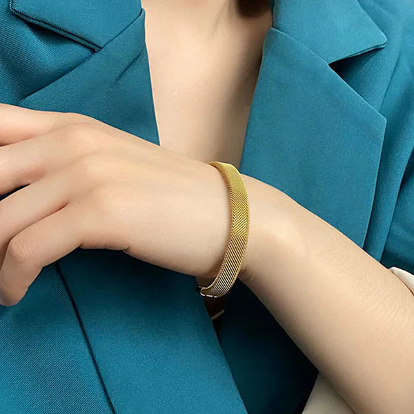 18k Gold Plated Stainless Steel Anti Tarnish Mesh Statement Cuff Bracelet