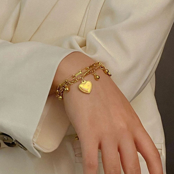 18K Gold Plated Stainless Steel Anti Tarnish Heart themed Wraparound Bracelet