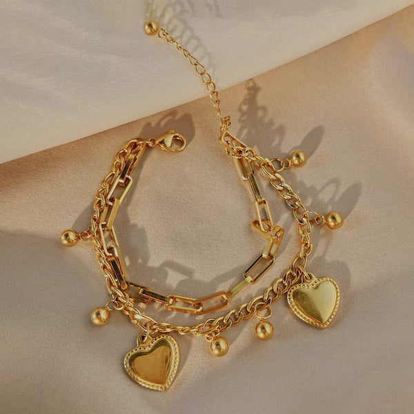 18K Gold Plated Stainless Steel Anti Tarnish Heart themed Wraparound Bracelet