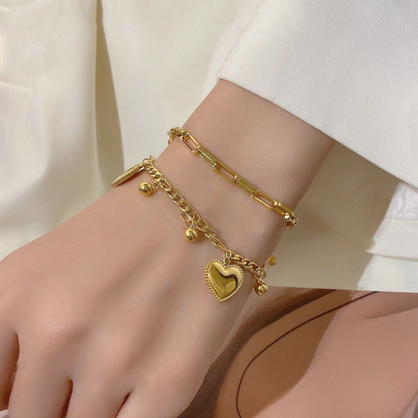 18K Gold Plated Stainless Steel Anti Tarnish Heart themed Wraparound Bracelet