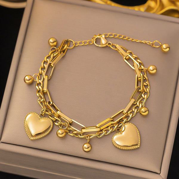 18K Gold Plated Stainless Steel Anti Tarnish Heart themed Wraparound Bracelet