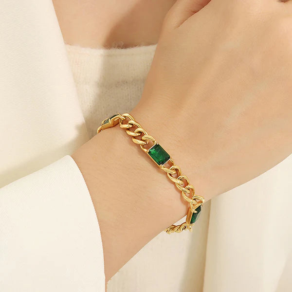 18kGold Plated Stainless Steel Anti Tarnish Green Crystals Cuban Wraparound Bracelet