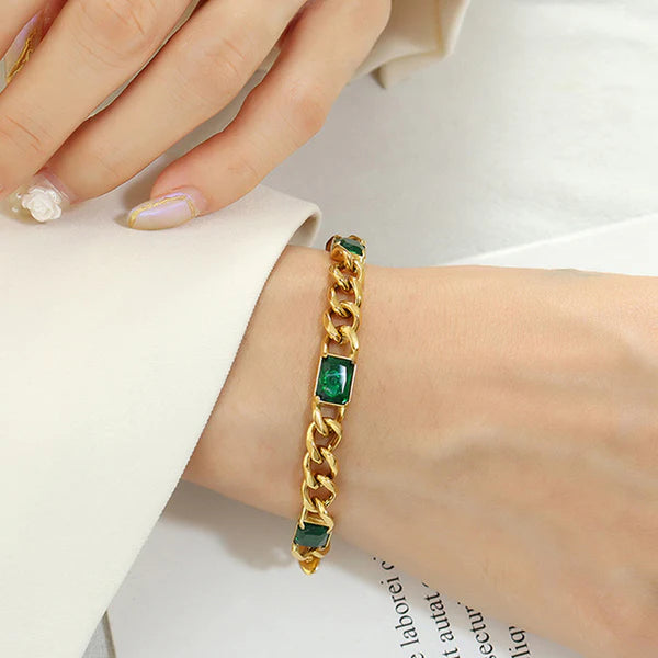 18kGold Plated Stainless Steel Anti Tarnish Green Crystals Cuban Wraparound Bracelet