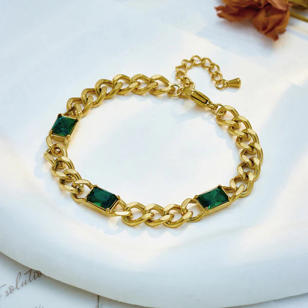 18kGold Plated Stainless Steel Anti Tarnish Green Crystals Cuban Wraparound Bracelet
