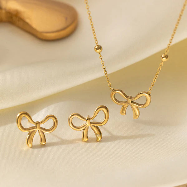 18K Gold Plated Anti Tarnish Bow Themed Jewellery Set
