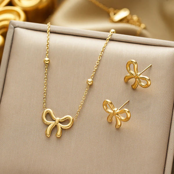 18K Gold Plated Anti Tarnish Bow Themed Jewellery Set