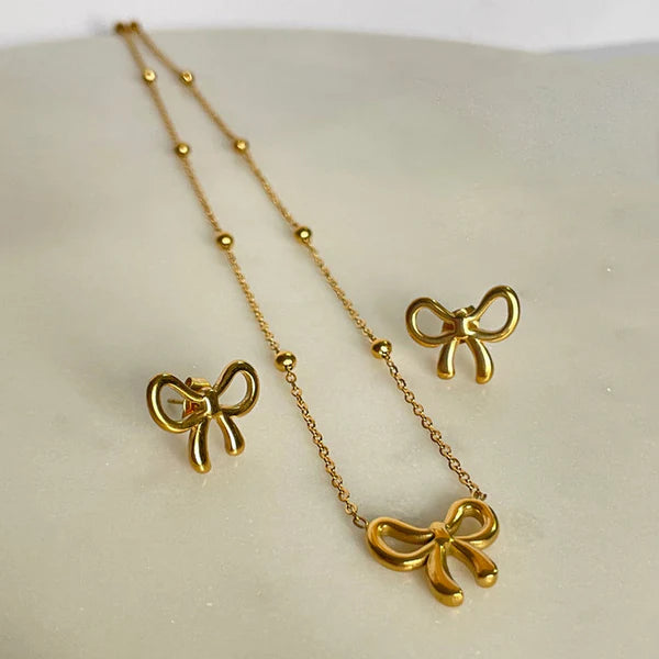 18K Gold Plated Anti Tarnish Bow Themed Jewellery Set
