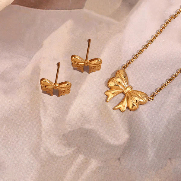 18k Gold Plated Anti Tarnish Bow Themed Jewellery Set (earrings, necklace & ring)