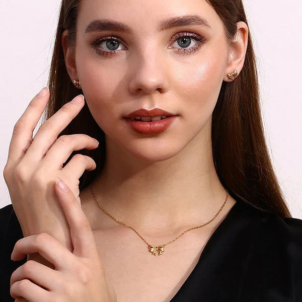 18k Gold Plated Anti Tarnish Bow Themed Jewellery Set (earrings, necklace & ring)
