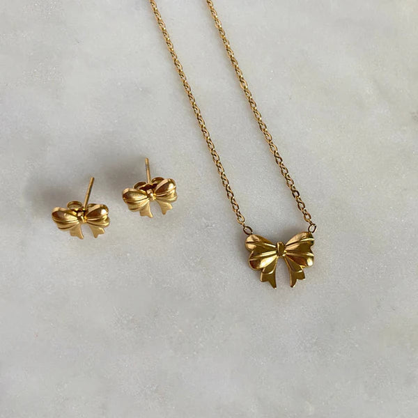 18k Gold Plated Anti Tarnish Bow Themed Jewellery Set (earrings, necklace & ring)