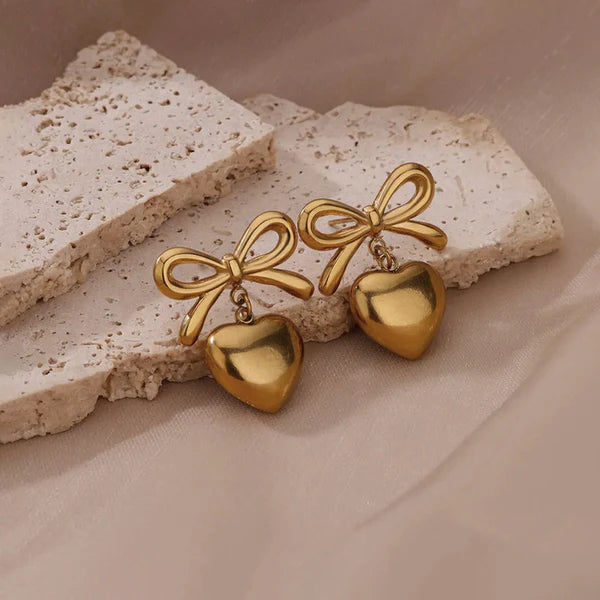 18k Gold Plated Anti Tarnish Bow-Heart Themed Earrings