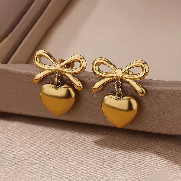 18k Gold Plated Anti Tarnish Bow-Heart Themed Earrings