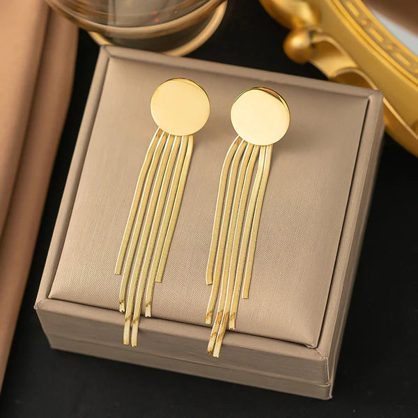 Gold Plated Stainless Steel Anti Tarnish Geometric Statement Tassel Earrings For Women
