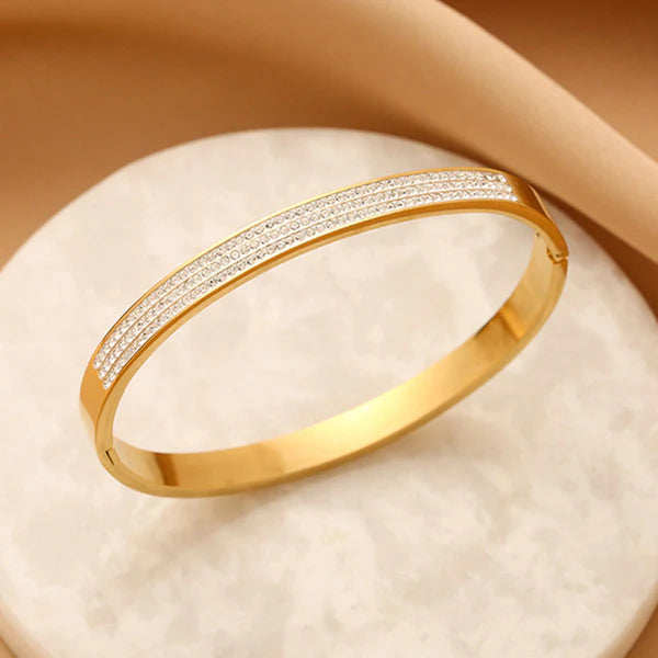Gold Plated Triple Lines American Diamond Contemporary Anti-Tarnish Bracelet For Women