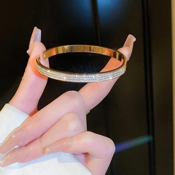 Gold Plated Triple Lines American Diamond Contemporary Anti-Tarnish Bracelet For Women