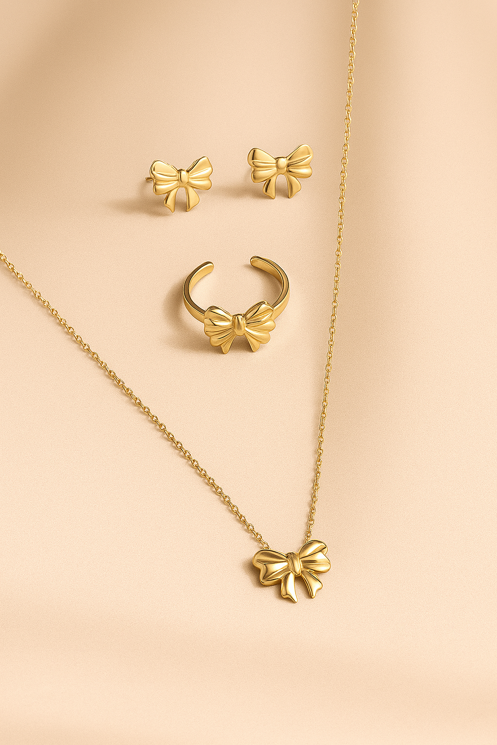 18k Gold Plated Anti Tarnish Bow Themed Jewellery Set (earrings, necklace & ring)